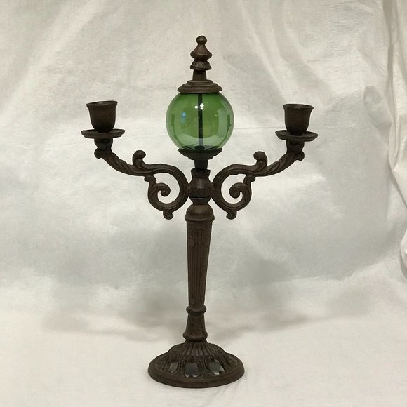 Cast Iron Double Candle Holder with Green Glass Globe - Picture 1 of 9